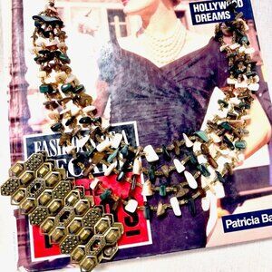 Vintage Japan 4 strand Faux Jade nugget bead Necklace with bras tone bracelet